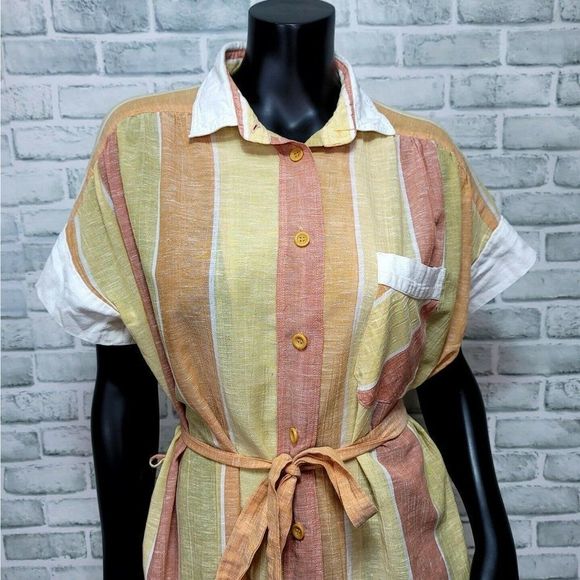 Vintage 80s Rudnik Lightweight Sheer Cotton Orange Striped Shirt Shift Dress - Picture 4 of 7